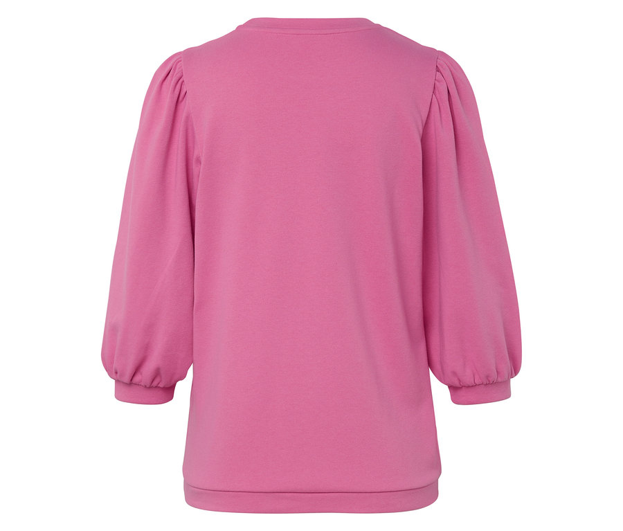 Detailansicht eines pinkfarbenen Sweatshirts mit Puffärmeln.
