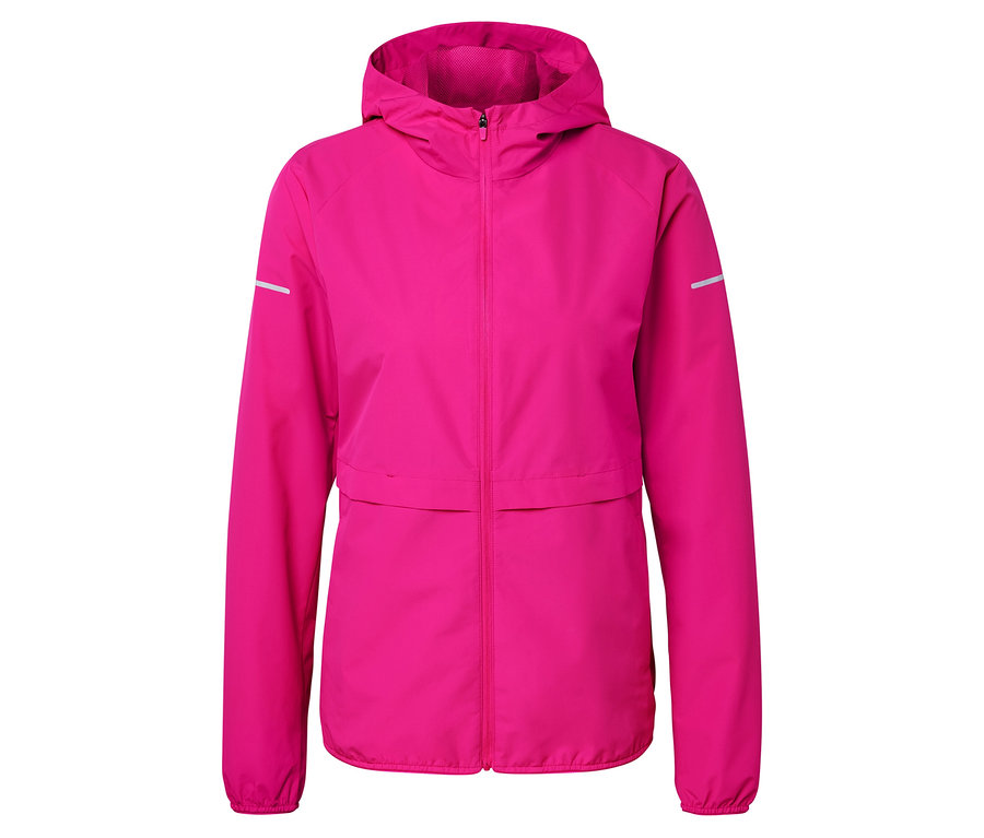 Pinke Kapuzenjacke mit reflektierenden Elementen an den Ärmeln.