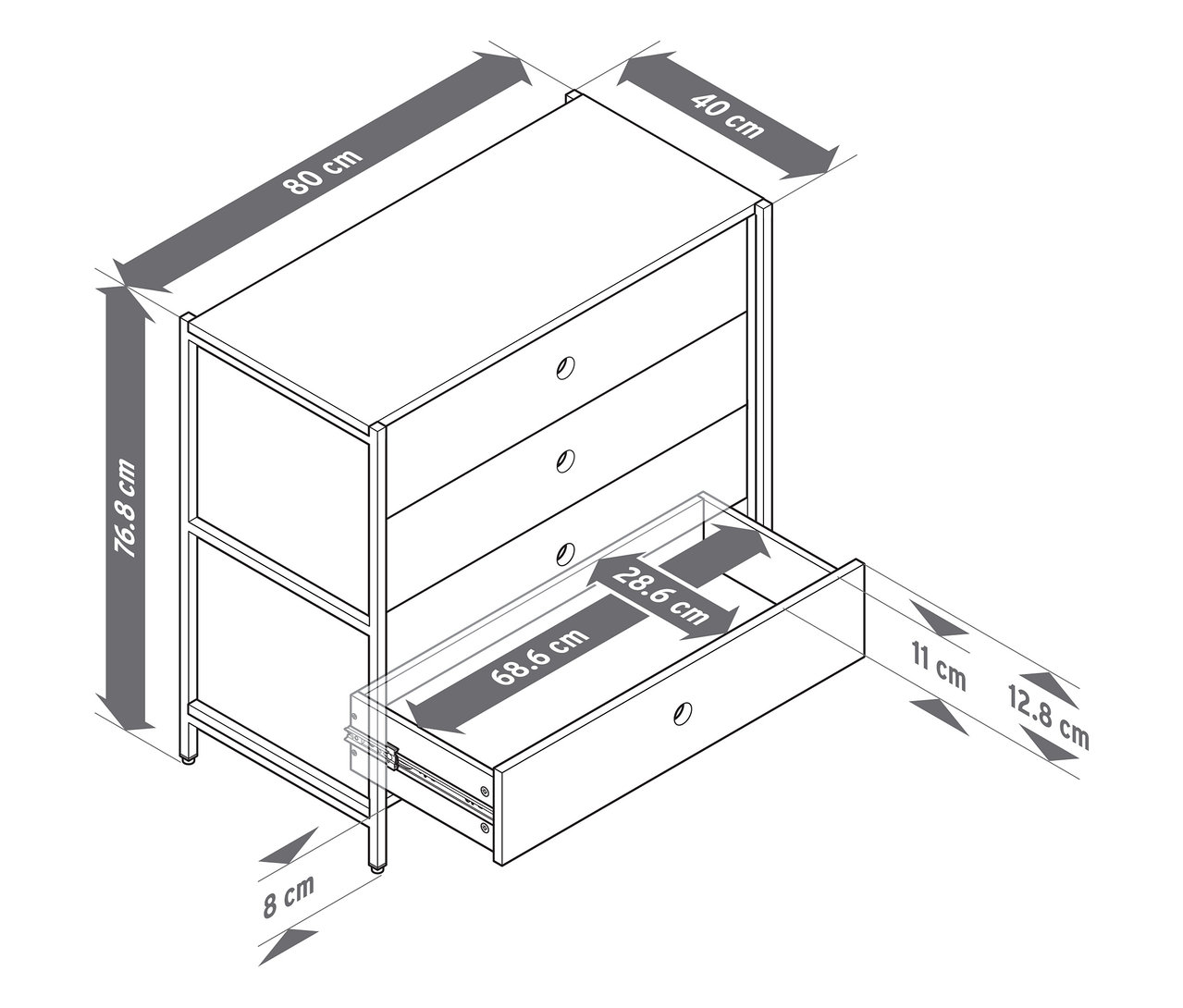 Skizze der Kommode »KLAAR« mit 4 Schubladen mit hervorgehobenen Abmessungen.
