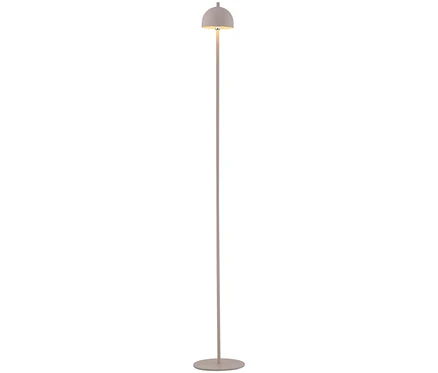 Stehlampe mit rundem Schirm und dünnem Stab.