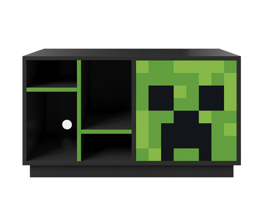Schwarzes roba Minecraft TV-Lowboard »Creeper« mit Minecraft Creeper Motiv auf der Tür.