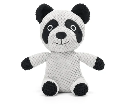 Sitzender Plüschpanda mit schwarzen Ohren, Füßen und Flecken um die Augen.