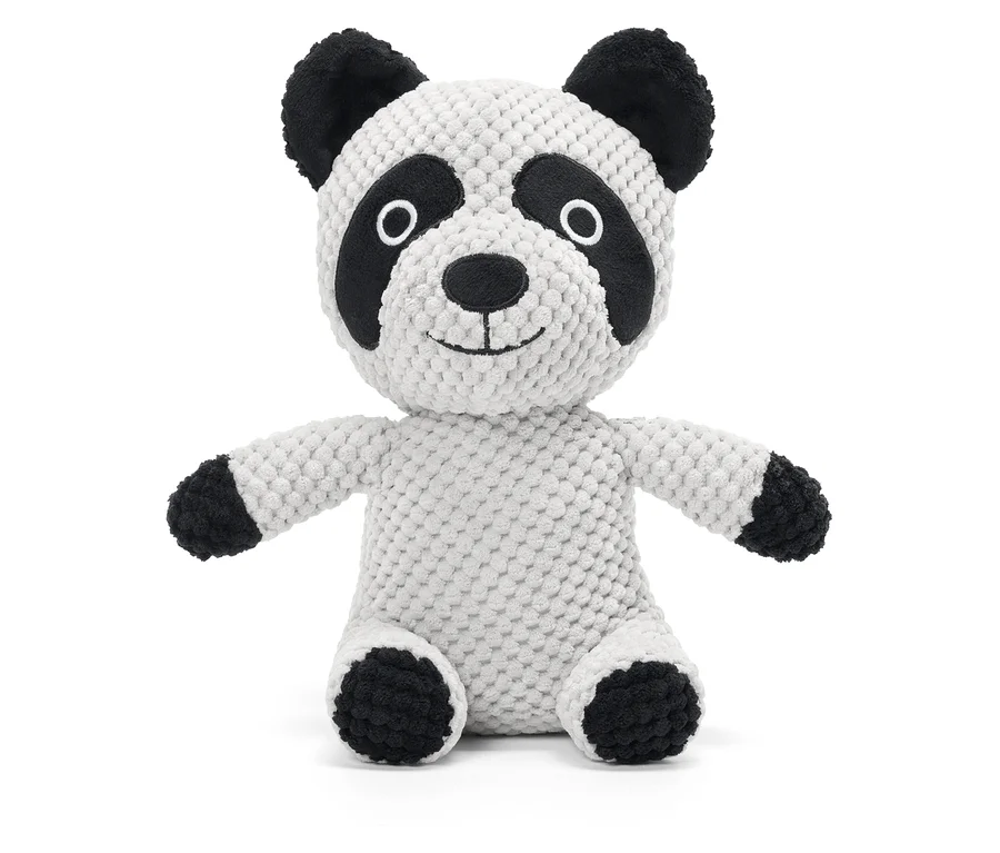 Sitzender Plüschpanda mit schwarzen Ohren, Füßen und Flecken um die Augen.