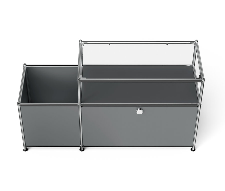Graues modulares Aufbewahrungssystem mit offenem Fach und Schublade.