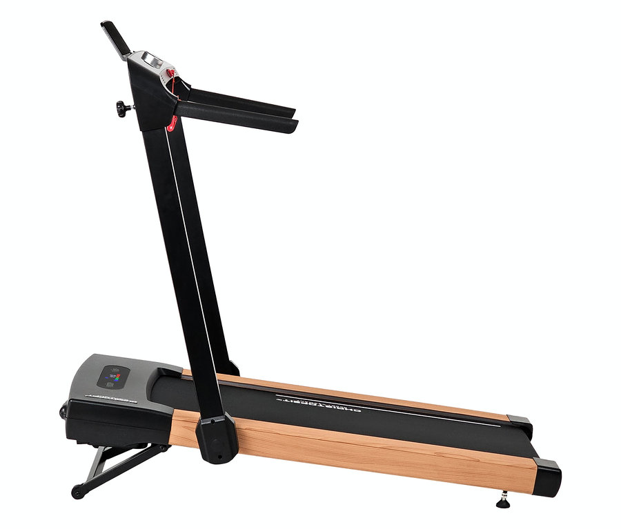 Das Laufband 2 in 1 in Holzoptik steht im Raum.