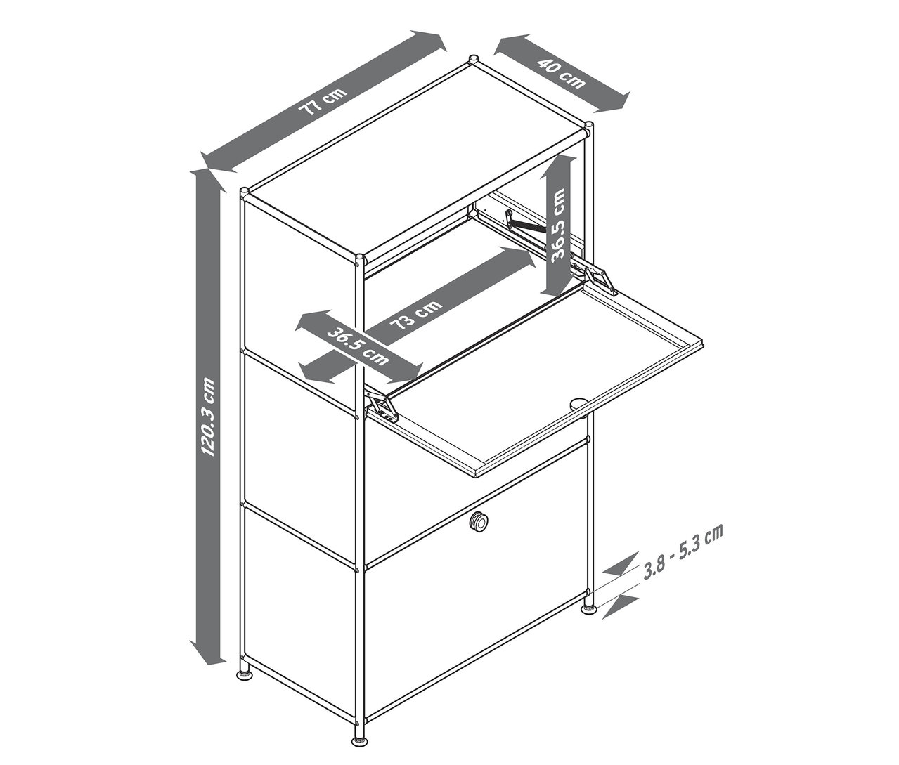 Schwarz-weiße Zeichnung eines Schranks mit Abmessungen, mit offenem Oberteil und ausklappbarer Platte.