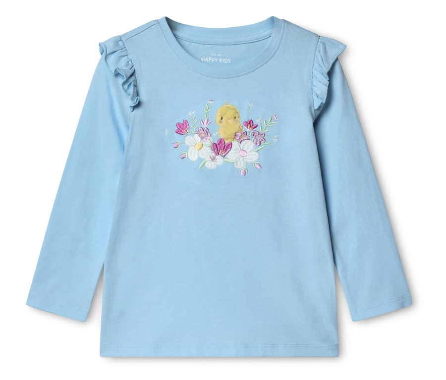 Hellblaues Langarmshirt mit Küken- und Blumenmuster.