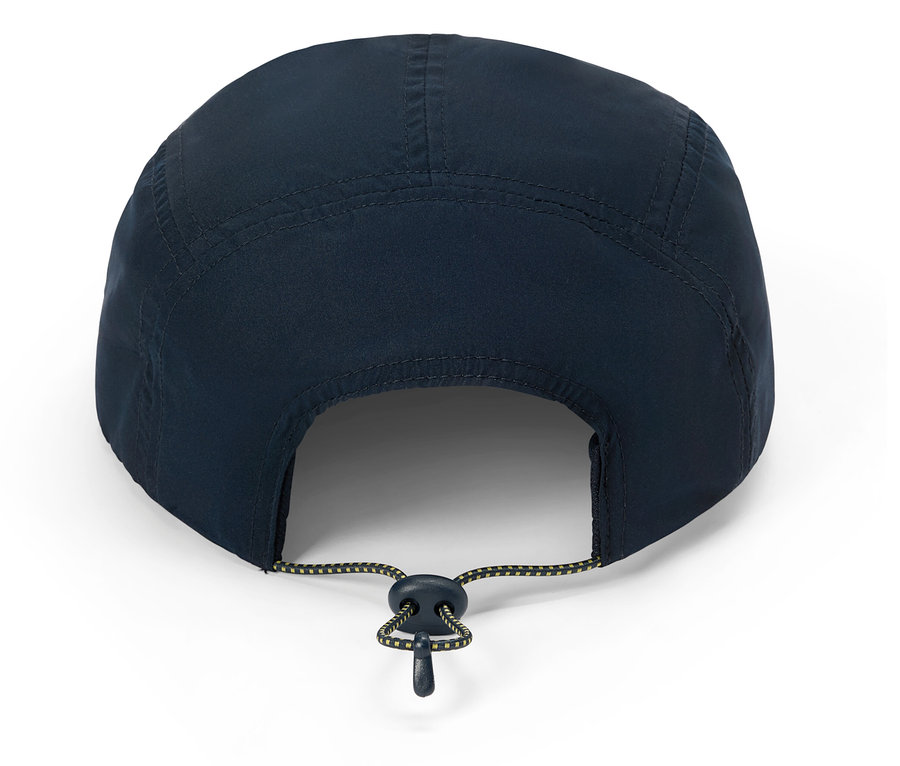 Rückansicht einer marineblauen Kappe mit verstellbarem Gummizug.