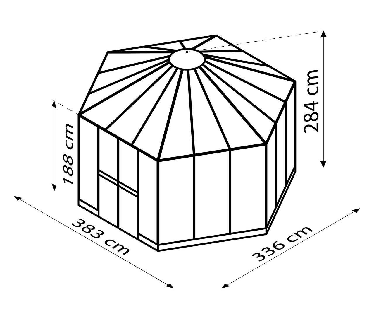 Draufsicht des Vitavia Gewächshaus Pavillion 9 m² inkl. Fundamentrahmen, schwarz, mit Maßangaben.