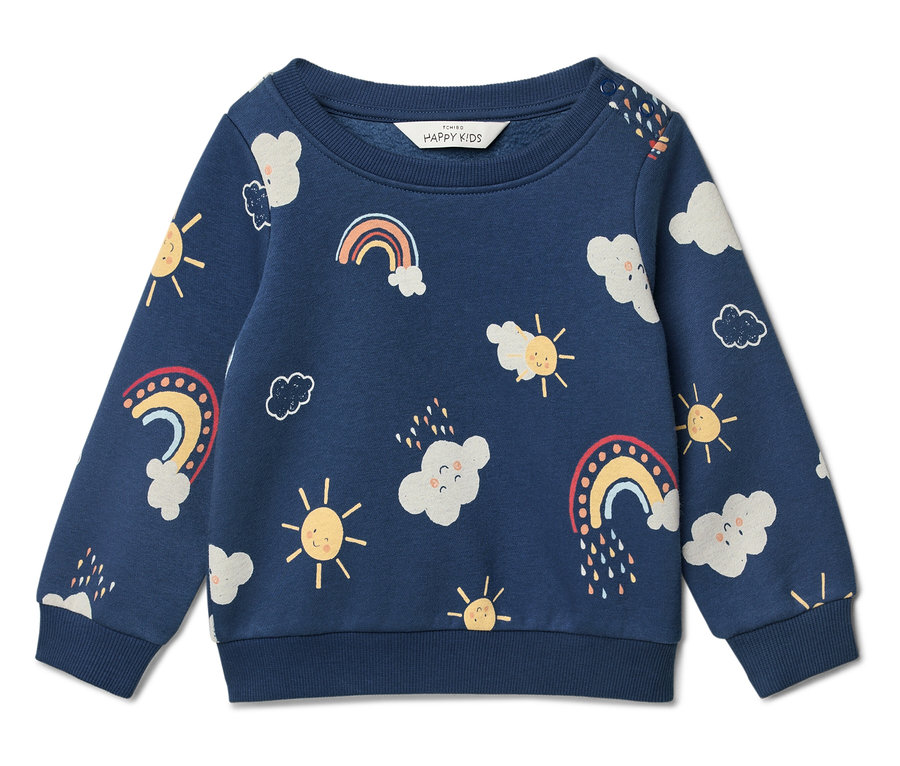 Blauer Pullover mit Wolken-, Sonnen- und Regenbogenmuster.