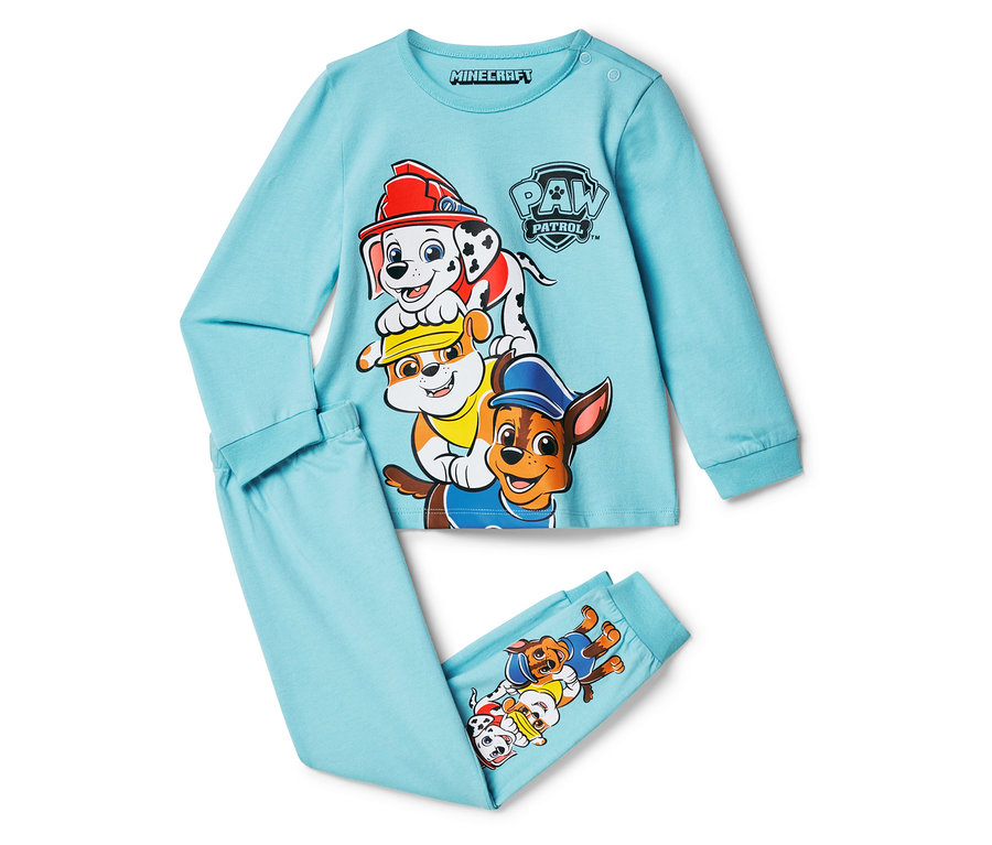 Hellblauer Schlafanzug mit Paw Patrol-Motiv, bestehend aus einem langärmeligen Oberteil und einer Hose.