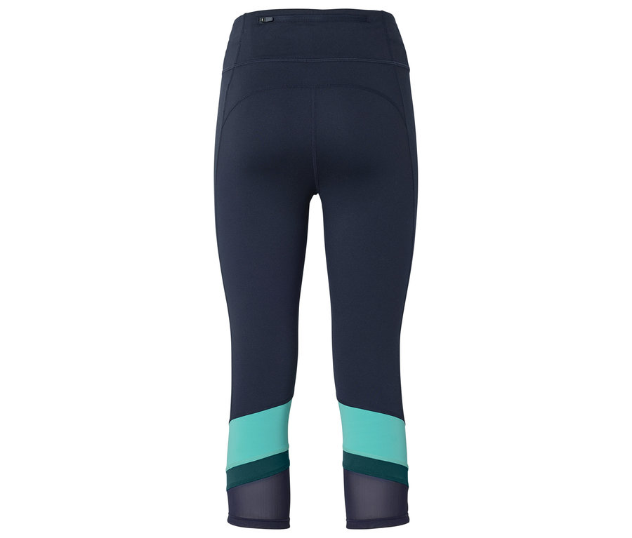 Dunkelblaue Sport-Caprihose mit türkisfarbenen und marineblauen Farbakzenten und Mesh-Einsätzen an den Unterschenkeln, von hinten gesehen.