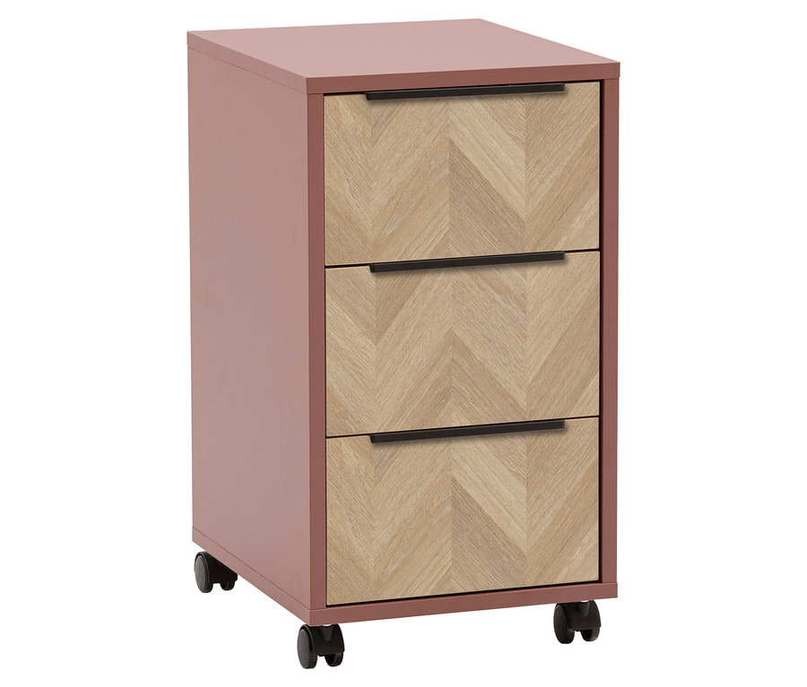 Rosa Rollcontainer mit drei Schubladen mit Fischgrätenmuster und schwarzen Griffen.