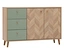 Ein Sideboard mit drei grünen Schubladen und zwei Türen mit Fischgrätenmuster.