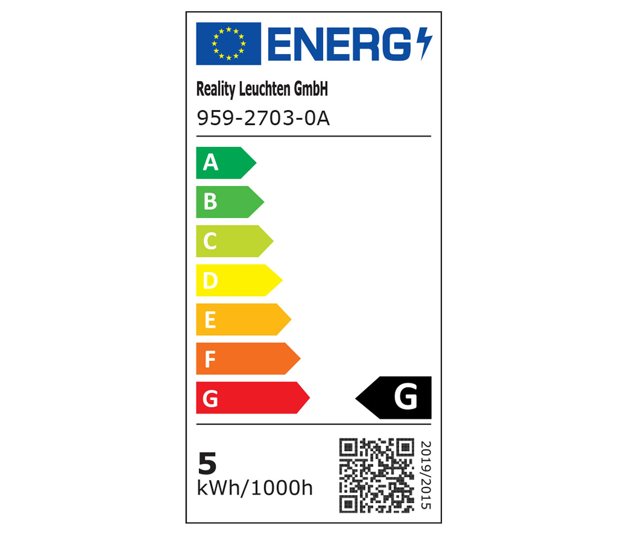Energielabel mit den Energieeffizienzklassen A bis G, QR-Code und Verbrauchswert.