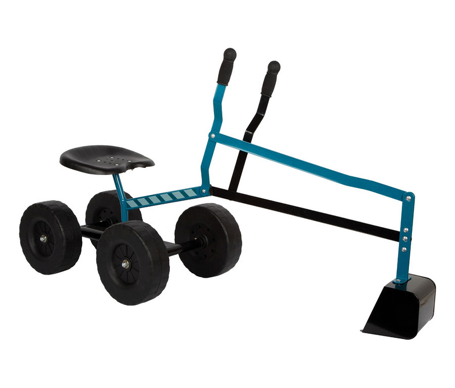 Ein blauer und schwarzer small foot Bagger mit Rädern, der eine schwarze Sitzfläche, vier schwarze Räder und eine Schaufel besitzt.