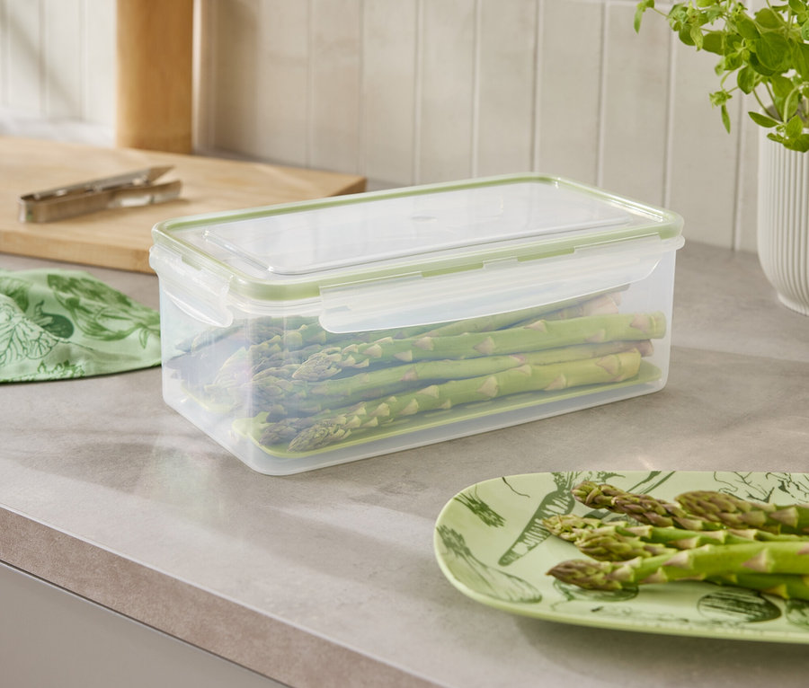 Auf einer Küchentheke stehen ein Behälter mit Spargel, ein Teller mit Spargel und eine Pflanze.