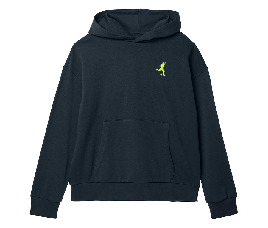 Dunkelblauer Hoodie mit gelbem Fußballspieler-Logo auf der Brust.