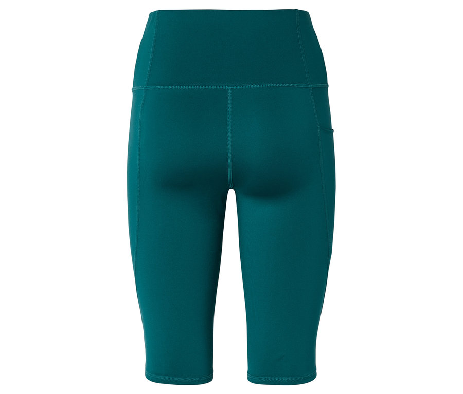 Nahaufnahme der Rückseite einer eng anliegenden, smaragdgrünen, mittellangen Leggings mit hoher Taille und einer Tasche am rechten Bein.