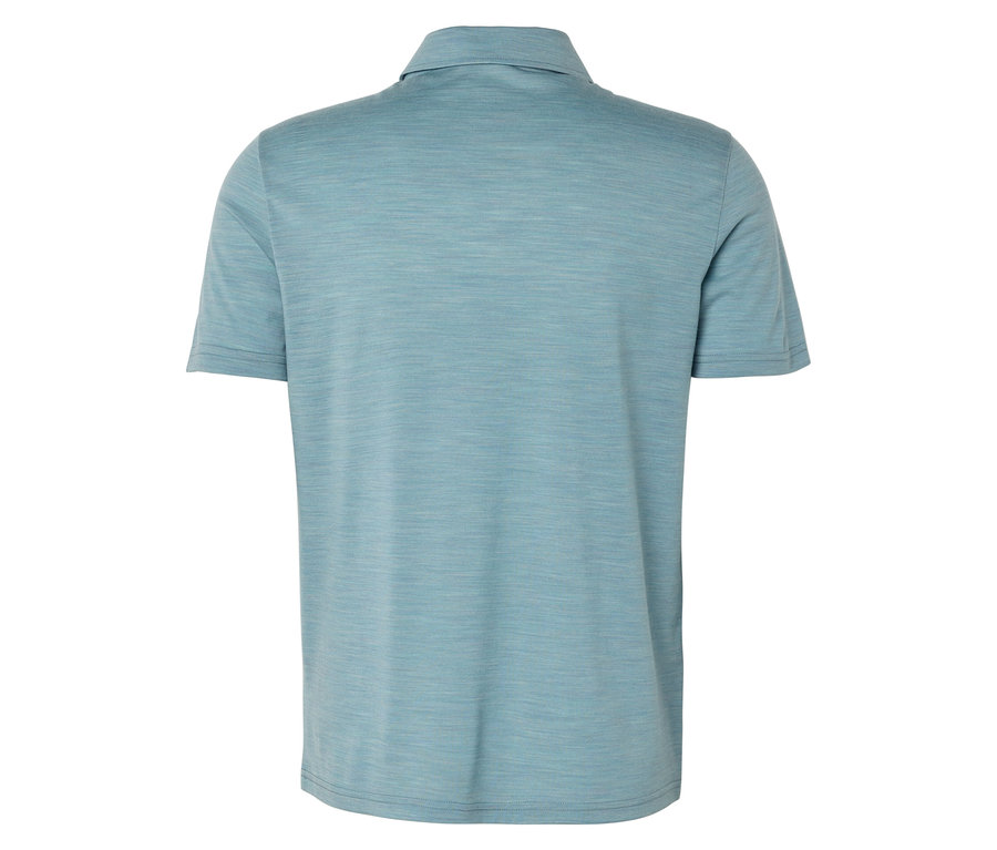 Rückansicht eines helltürkisfarbenen Poloshirts mit kurzem Ärmel.