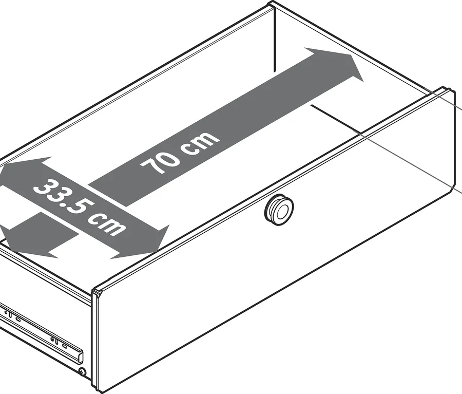 Metall-Schubladenergänzungsset »CN3«, klein, mit den Maßen 70 cm Tiefe, 33,5 cm Breite und 13,5 cm Höhe.