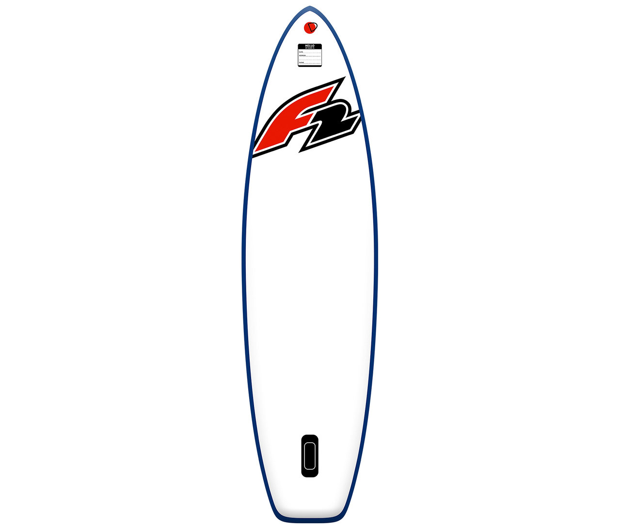 Weißes F2 SUP Board »Ocean Boy« mit blauem Rand und rotem Logo.