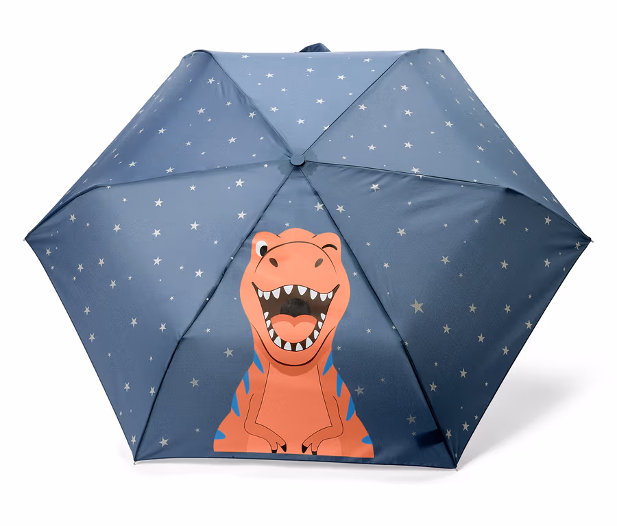Blauer Regenschirm mit weißen Sternen und einem orangefarbenen Dinosaurier mit blauen Streifen.