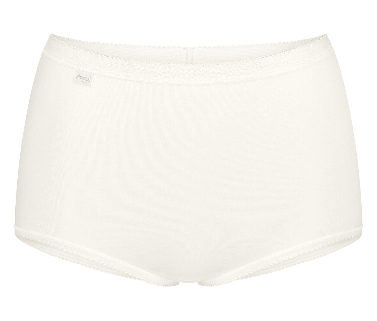 Weisse Damenslips mit elastischem Bund und Beinabschlüssen.