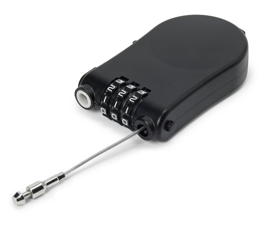 Schwarzes Zahlenschloss mit Drahtseil auf weißem Grund.