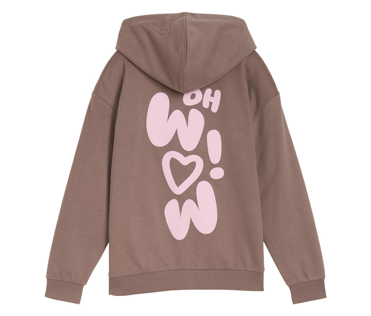 Brauner Tom Tailor Kinder-Oversized-Sweat-Hoodie mit Backprint von hinten, mit pinkem "WOW! OH"-Schriftzug.