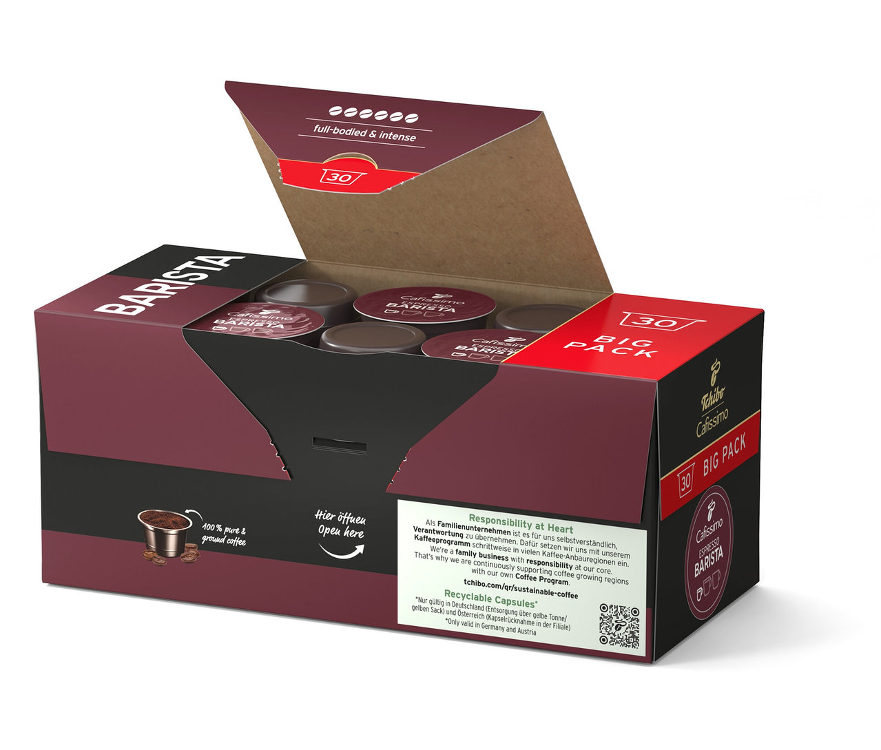 Geöffnete, braune Verpackung mit Kaffeekapseln. Auf der Verpackung steht "BARISTA" und "30 BIG PACK".