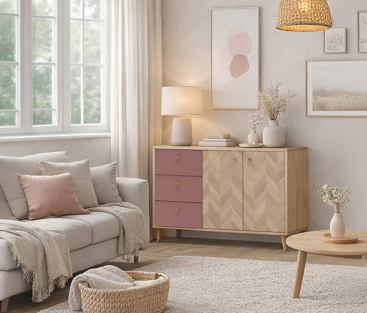 Wohnzimmer mit hellgrauem Sofa, rosa Kissen, Kommode mit Schubladen und Dekoration.