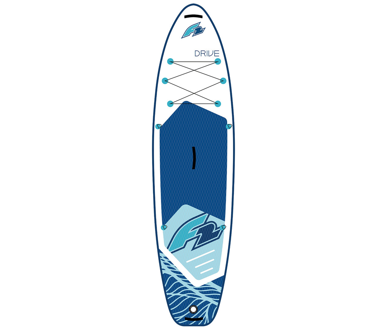 Das blaue F2 SUP Board »Drive«, groß, ist mit einem weißen Rand und blauen Bändern versehen.