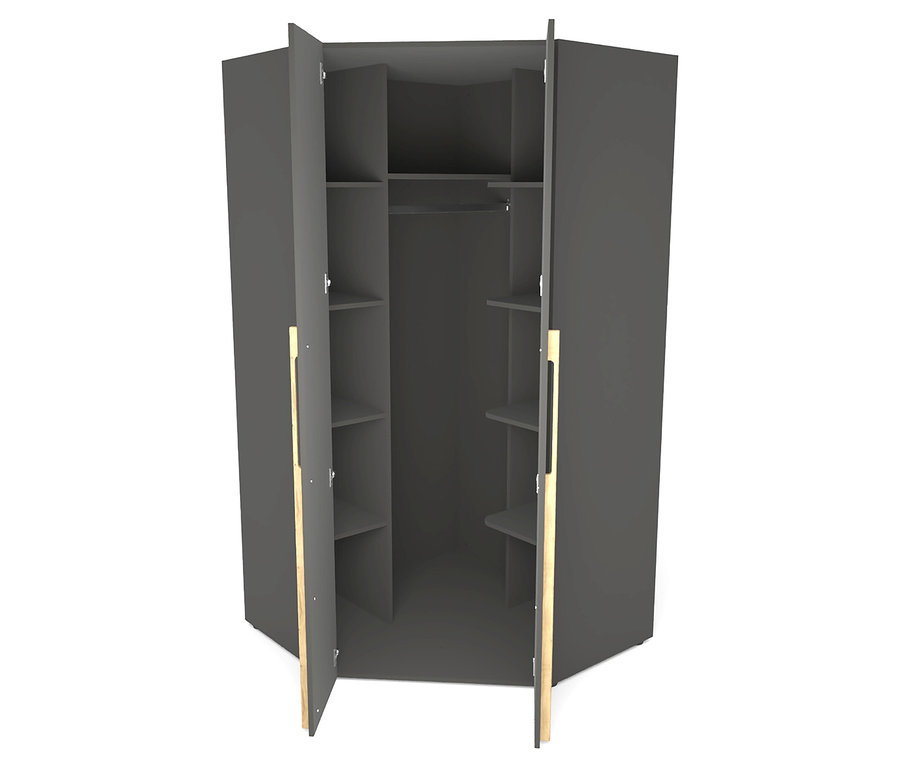 Der geöffnete Roba Eckschrank »Marvin« in Grau zeigt Fächer und eine Kleiderstange.