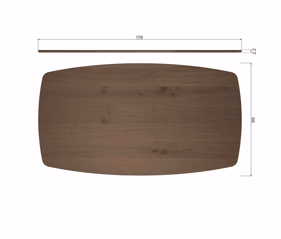 Dunkelbraune Holz-Tischplatte mit abgerundeten Ecken und Holzmaserung. Maße: 179x99x2,2.