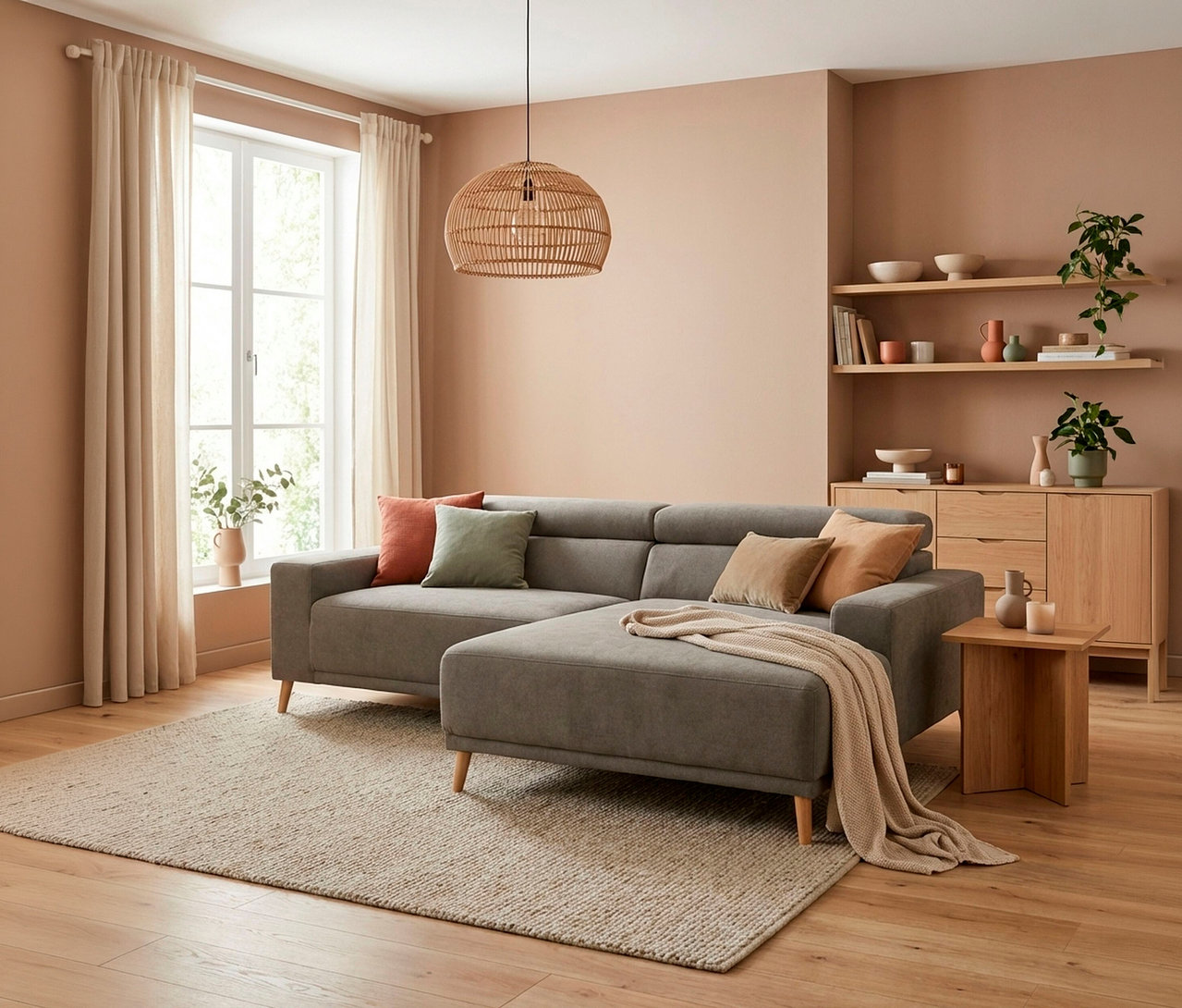 Ein modernes Wohnzimmer mit einer grauen L-förmigen Couch, einem hellbeigen Teppich und hellen Holzmöbeln. Die Wände sind in einem warmen Pfirsichton gestrichen. Eine geflochtene Hängelampe hängt von der Decke, und ein Fenster mit hellen Vorhängen lässt Licht herein.