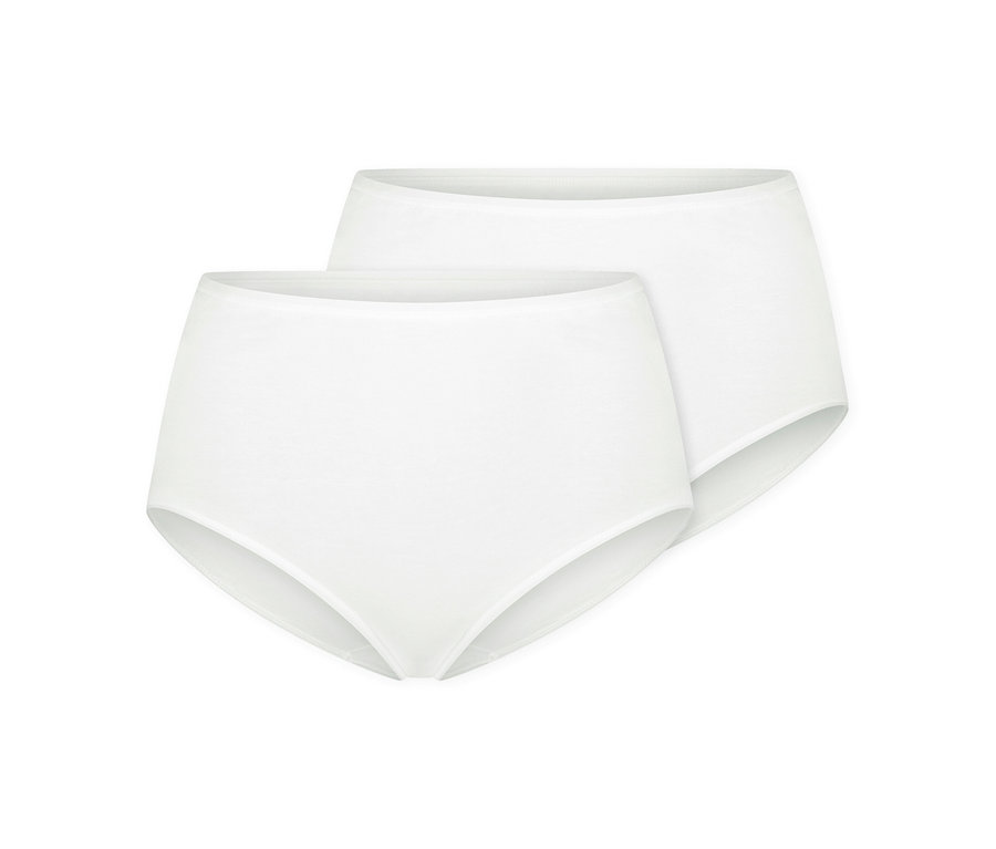 Zwei weiße High-Waist-Slips, einer leicht hinter dem anderen, auf weißem Hintergrund.