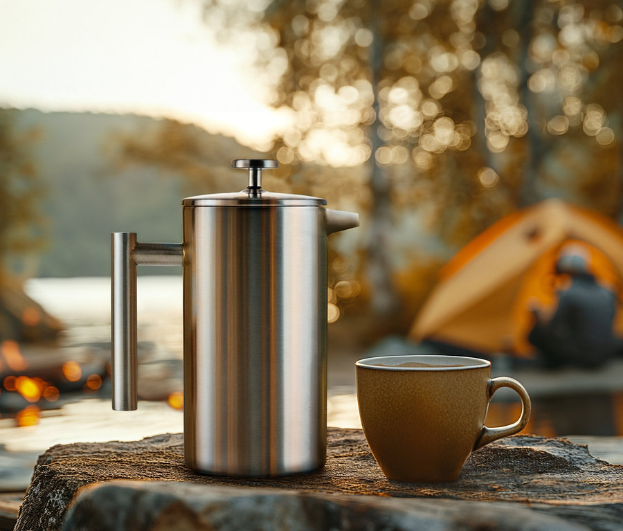 Eine doppelwandige Siebstempelkanne 900 ml aus Edelstahl und eine Tasse stehen im Freien. Im Hintergrund ist ein Zelt zu sehen.