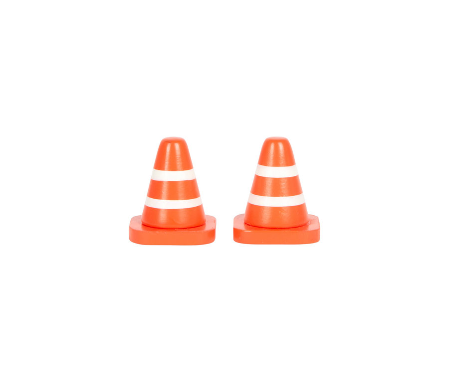 Zwei orangefarbene Verkehrskegel mit weißen Streifen.