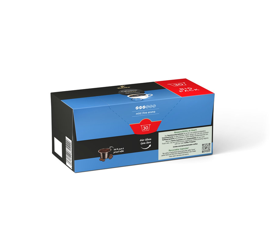 Packung mit 30 Cafissimo Kaffee mild Kapseln.