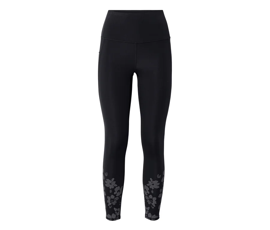 Schwarze Sportleggings »ActivePower« mit hohem Bund und grauem Blumenmuster an den Knöcheln.