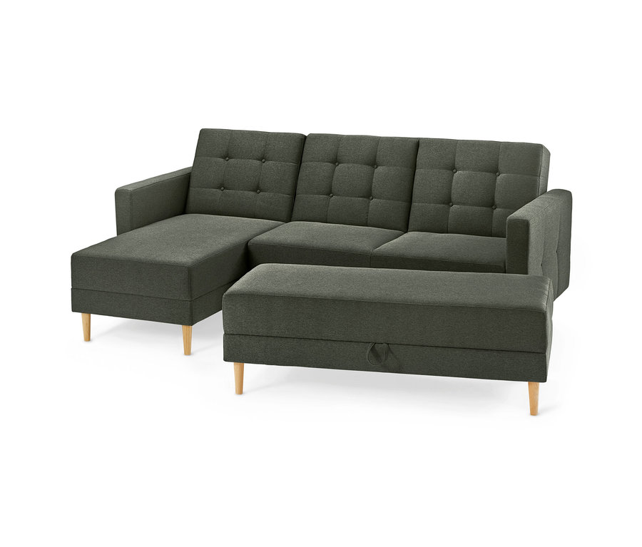 Grünes Federkern-Eckschlafsofa »Just Relax« mit Stauraumbank und Holzfüßen.