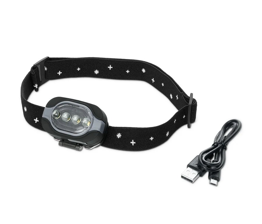LED-Stirnlampe mit gemustertem, schwarzem Stirnband und Ladekabel.