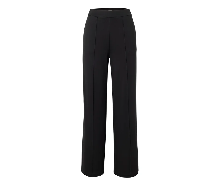 Schwarze, hochtaillierte Stoffhose mit geradem Bein und Bügelfalten.