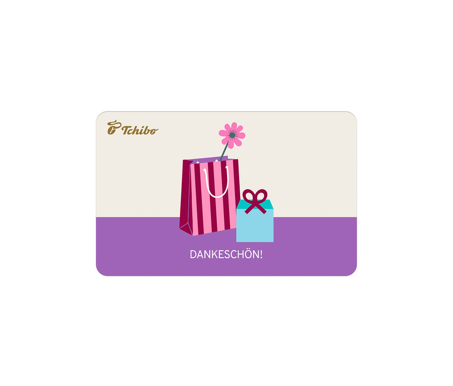 Digitale Geschenkkarte Dankeschön! mit pink gestreifter Einkaufstasche, pinker Blume und hellblauem Geschenkpaket.