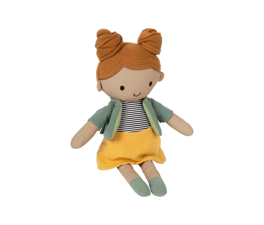 Stoffpuppe »Maya und Leo« mit orangefarbenen Haaren, grünem Jäckchen, gelbem Rock und gestreiftem Shirt.