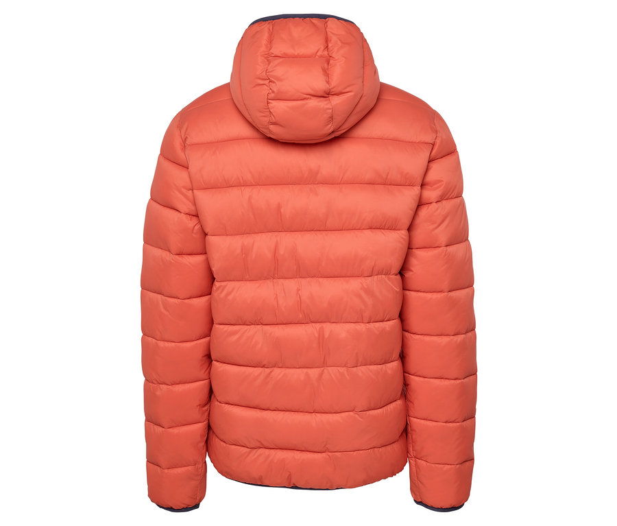 Rückansicht einer orangefarbenen Steppjacke mit Kapuze auf weißem Hintergrund.