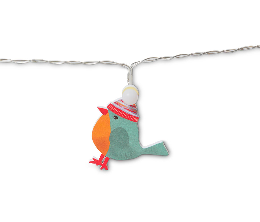 LED-Motiv-Lichterkette mit Vogelmotiv und roter Mütze.