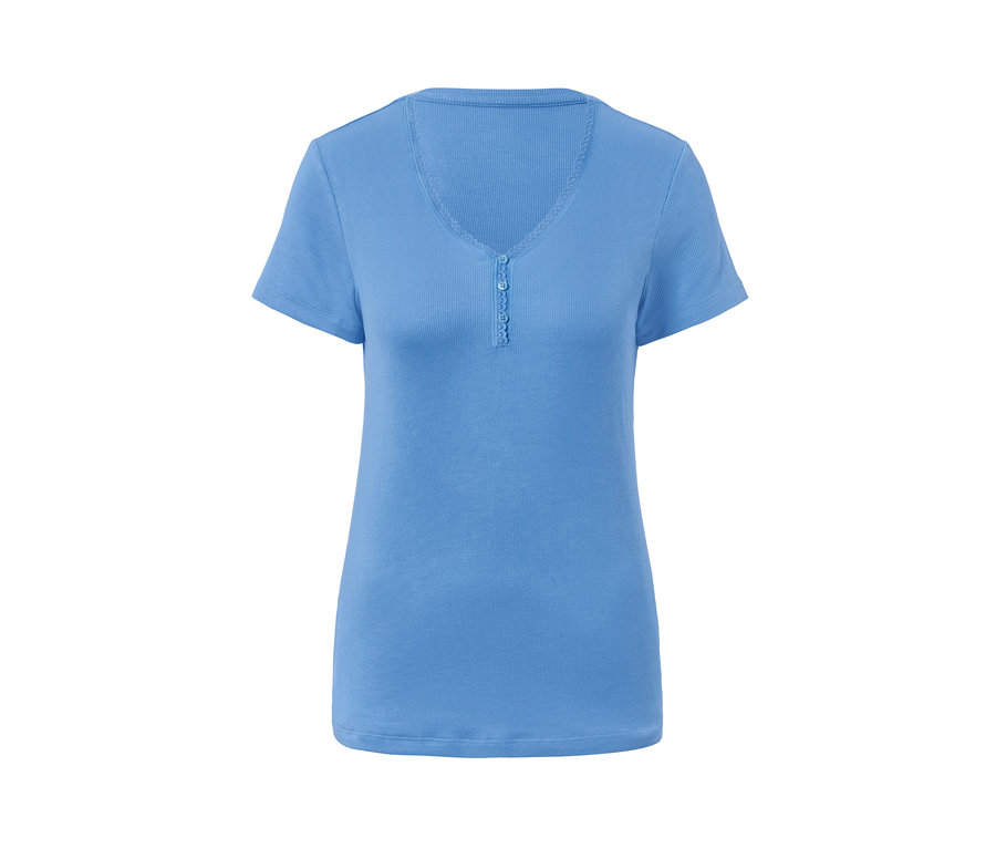 Blauer Shorty-Pyjama aus Rippe mit kurzen Ärmeln und V-Ausschnitt.
