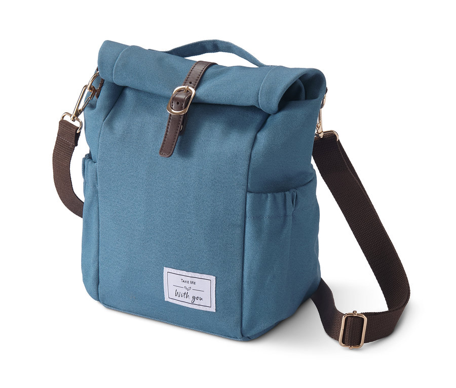 Eine blaue Lunchbag-Kühltasche mit braunen Trägern und Lederverschluss.